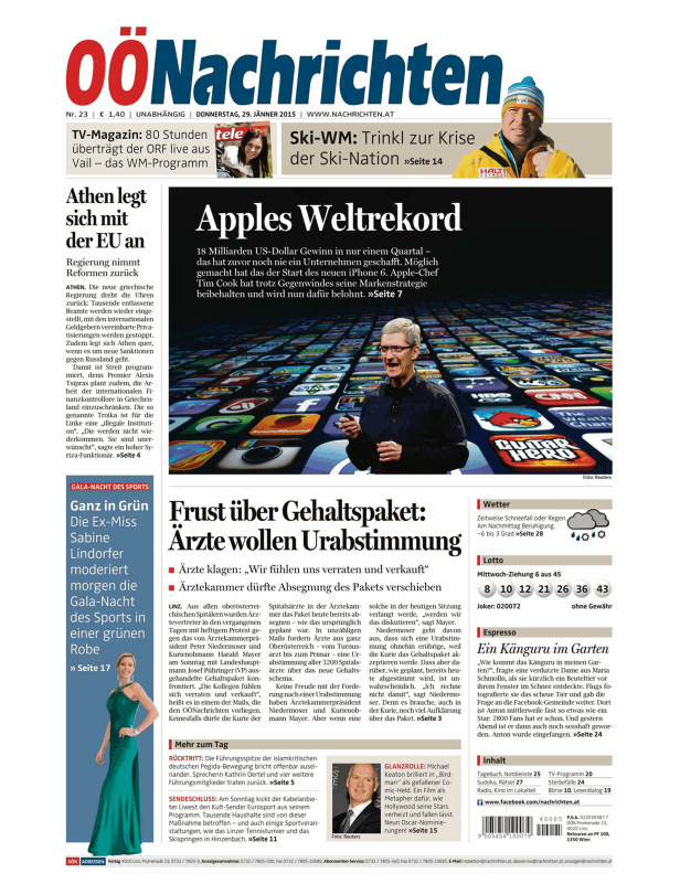 Titelseite der OÖNachrichten vom 29. Jänner 2015.