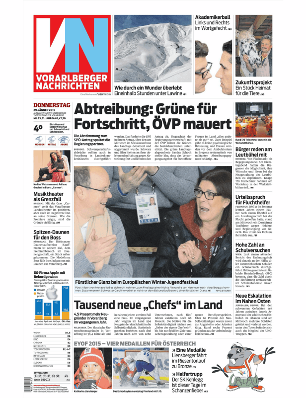 Titelseite der Vorarlberger Nachrichten vom 29. Jänner 2015.