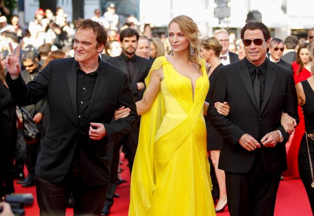 Quentin Tarantino, Uma Thurman und John Travolta auf dem roten Teppich in Cannes.