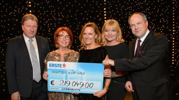 Fünf Personen präsentieren einen Spendenscheck über 219.049 Euro für die Nighttour & Lid-Gala.