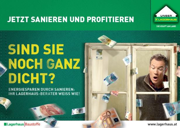 Ein Mann schaut überrascht durch ein Fenster, umgeben von herumfliegenden Euro-Scheinen.
