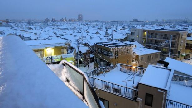 Eine verschneite Wohngegend mit Häusern und Gebäuden unter einer dicken Schneedecke.