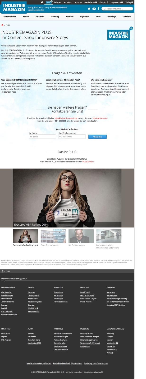 Screenshot der Webseite von Industriemagazin mit dem Titel „Industriemagazin Plus – Ihr Content-Shop für unsere Storys“.