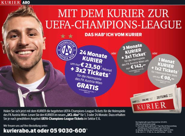 Ein lächelnder Mann im lila Hoodie wirbt für ein Kurier-Abo mit UEFA Champions League Tickets des FK Austria Wien.