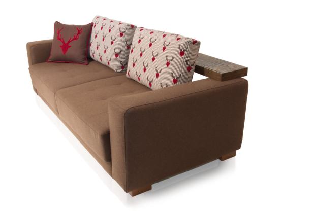Ein braunes Sofa mit Kissen mit Hirschmotiven und einem kleinen Holztisch an der Seite.