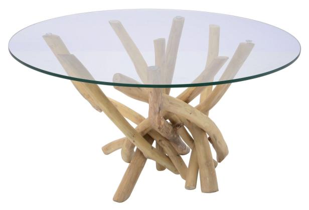 Ein runder Tisch mit einer Glasplatte und einem Untergestell aus hellem Holz.