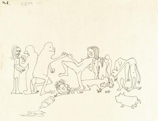 Eine skizzenhafte Darstellung einer Party mit seltsamen Figuren und einer verschütteten Flasche.