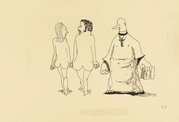 Eine Strichzeichnung zeigt zwei nackte Personen und eine anthropomorphe Ente im Priestergewand, die ein Buch hält.