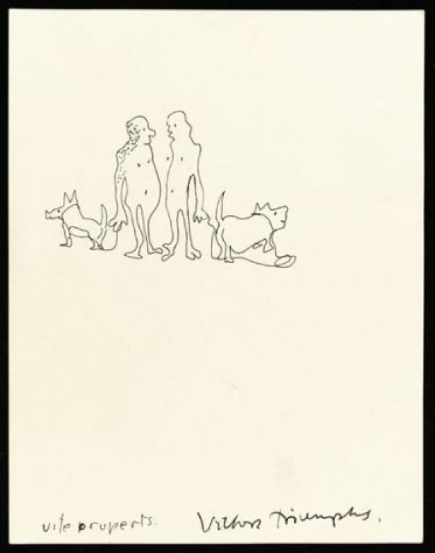 Eine Strichzeichnung zeigt zwei stilisierte Figuren und zwei Hunde.