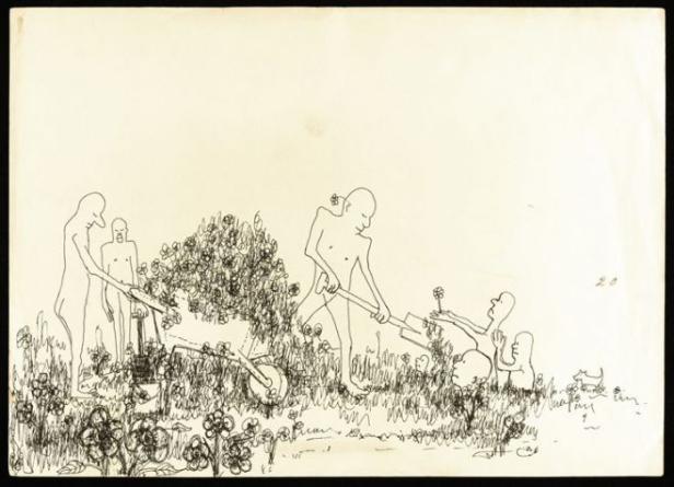 Eine Strichzeichnung zeigt Menschen, die in einem Garten mit Blumen arbeiten.