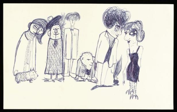 Eine skizzenhafte Darstellung einer Gruppe von Menschen und einem Hund.