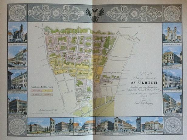 Eine historische Karte des Bezirks St. Ulrich in Wien, umgeben von Illustrationen von Gebäuden.