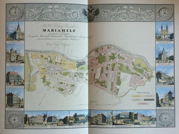Eine historische Karte des Bezirks Mariahilf in Wien, umgeben von Illustrationen wichtiger Gebäude.