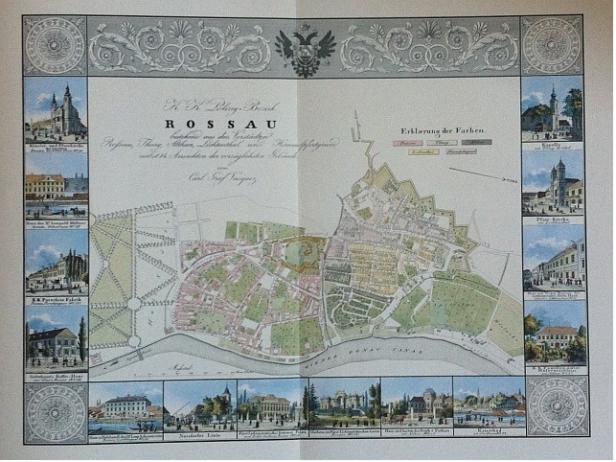 Eine historische Karte des Wiener Bezirks Rossau mit umliegenden Ansichten.