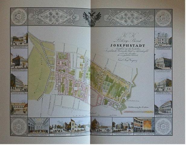 Eine historische Karte der Josephstadt, umgeben von Illustrationen von Gebäuden.