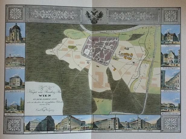 Eine Karte von Wien aus dem Jahr 1147, umgeben von Illustrationen verschiedener Gebäude.