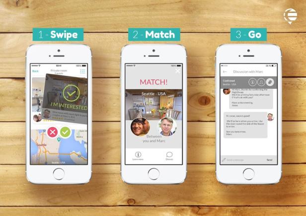Drei Smartphones zeigen die Schritte „Swipe“, „Match“ und „Go“ einer App zur Zimmervermittlung.