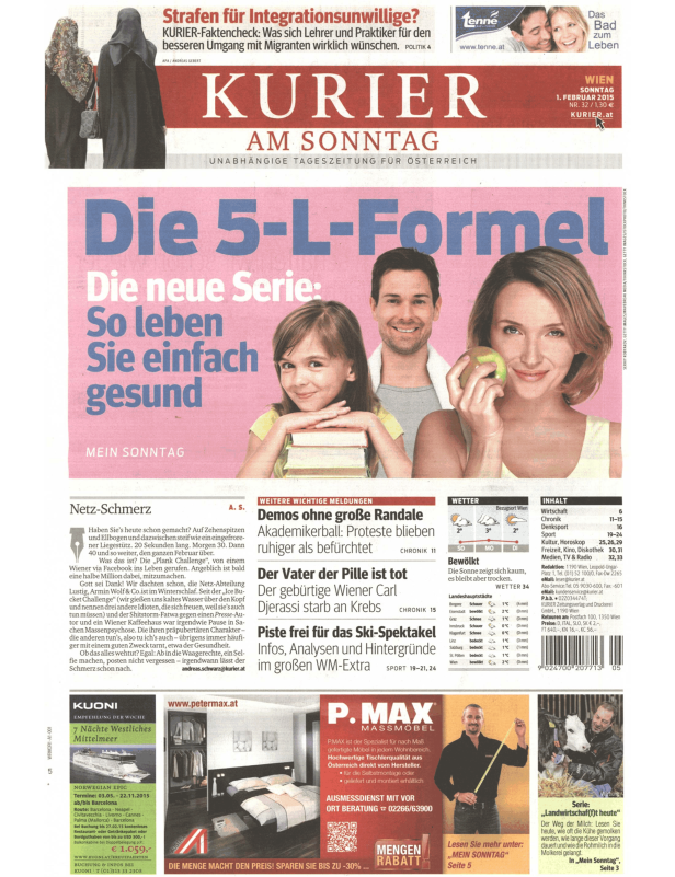 Titelseite der Zeitung „Kurier am Sonntag“ vom 1. Februar 2015 mit verschiedenen Artikeln und Anzeigen.