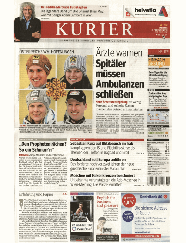 Titelseite des Kurier vom 2. Februar 2015 mit Nachrichten zu Sport, Politik und Wirtschaft.