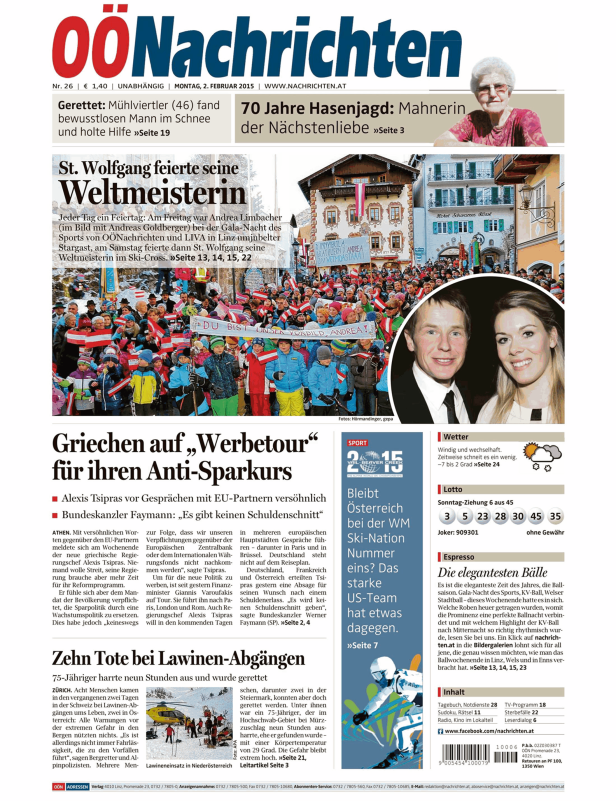 Titelseite der OÖNachrichten vom 2. Februar 2015.