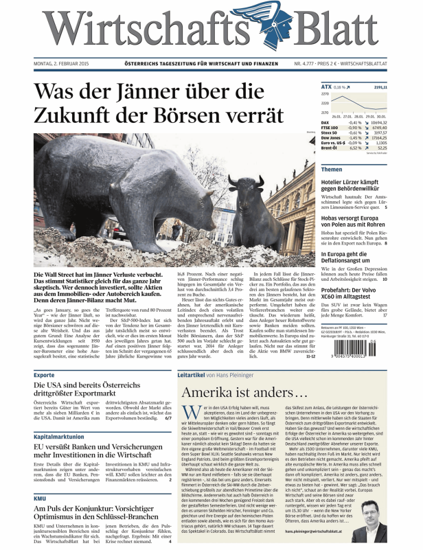 Titelseite des „WirtschaftsBlatt“ vom 2. Februar 2015 mit dem Titel „Was der Jänner über die Zukunft der Börsen verrät“.