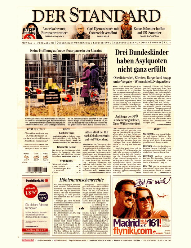Titelseite der österreichischen Tageszeitung „Der Standard“ vom 2. Februar 2015.