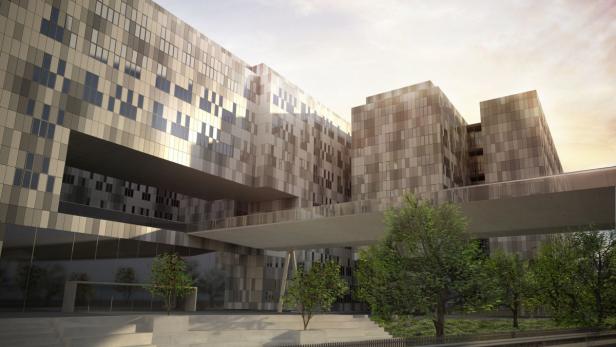 Ein modernes, mehrstöckiges Gebäude mit einer Fassade aus quadratischen Elementen und begrünten Bereichen.