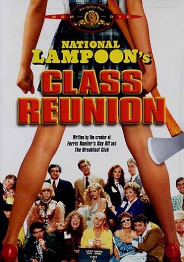 Das Filmplakat für „National Lampoon’s Class Reunion“ zeigt eine Frau mit einer Axt und eine Gruppe von Personen.