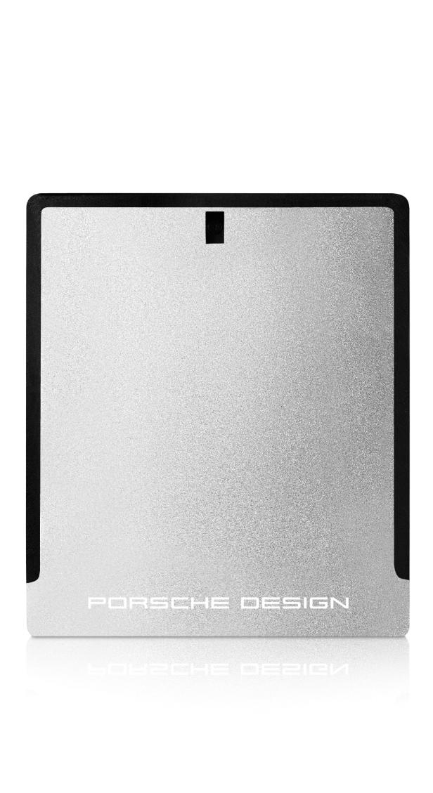 Ein silberner Porsche Design Duftflakon mit schwarzem Rand.