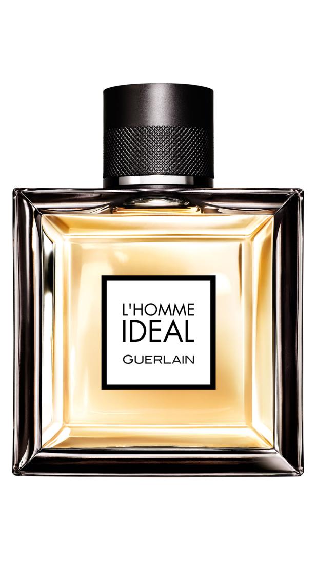 Eine Flasche „L'Homme Idéal“ von Guerlain steht vor einem weißen Hintergrund.