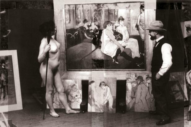 Henri de Toulouse-Lautrec mit einer nackten Frau und einigen seiner Gemälde.