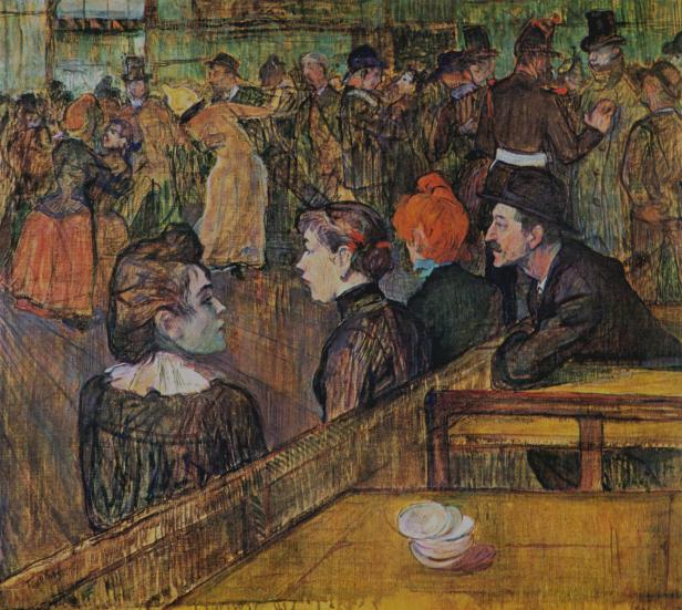Das Gemälde „Im Moulin Rouge“ von Henri de Toulouse-Lautrec zeigt eine Menschenmenge in einem Ballsaal.