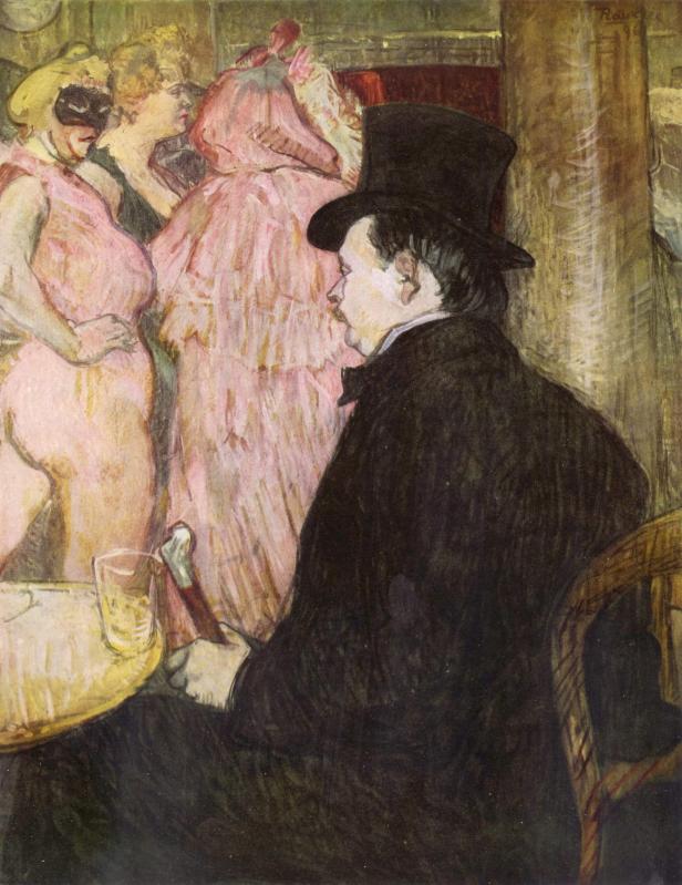 Henri de Toulouse-Lautrec sitzt in einem Café, im Hintergrund Tänzerinnen.