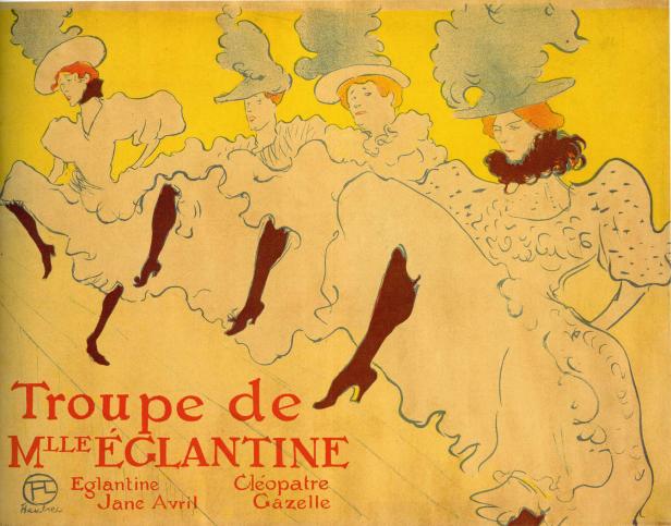Eine Illustration im Stil von Toulouse-Lautrec zeigt vier Tänzerinnen der „Troupe de Mlle Églantine“.