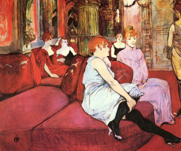 Henri de Toulouse-Lautrecs Gemälde „Im Salon des Rue des Moulins“ zeigt Frauen auf einem roten Sofa.
