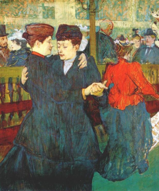 Das Gemälde „Im Moulin Rouge: Der Tanz“ von Henri de Toulouse-Lautrec zeigt zwei tanzende Frauen.
