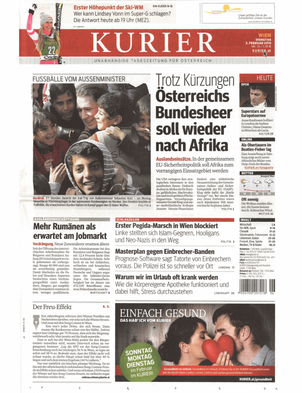 Titelseite der Zeitung „Kurier“ vom 3. Februar 2015.