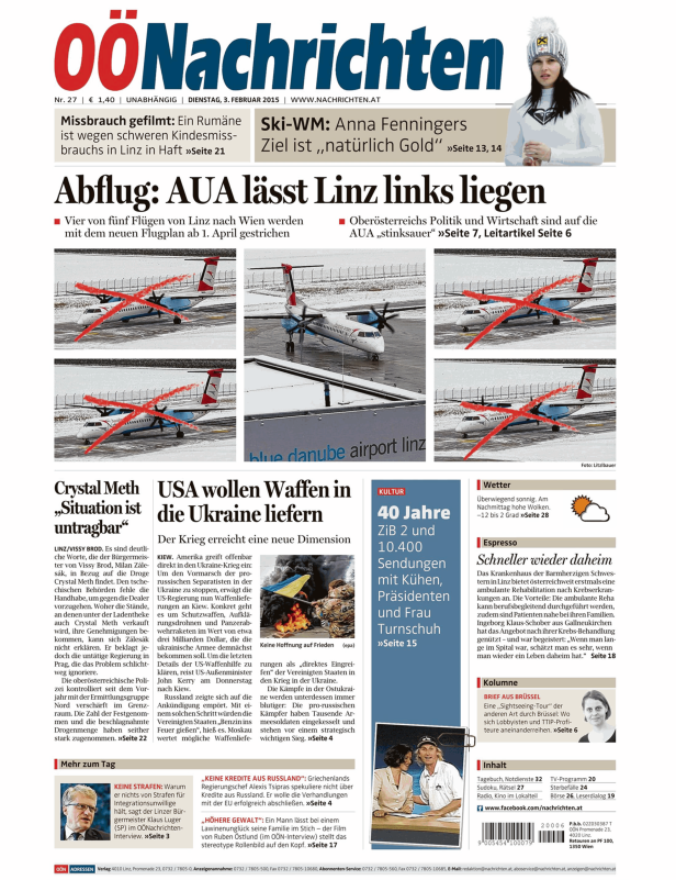 Titelseite der OÖNachrichten vom 3. Februar 2015 mit Artikeln zu AUA-Flügen, Crystal Meth und Waffenlieferungen an die Ukraine.