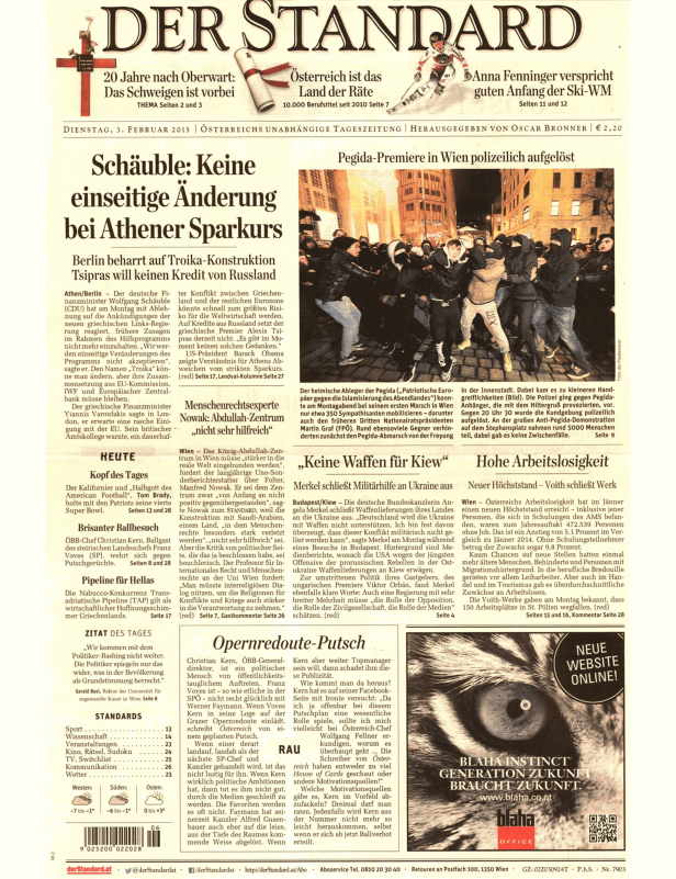 Titelseite der Zeitung „Der Standard“ vom 3. Februar 2015.