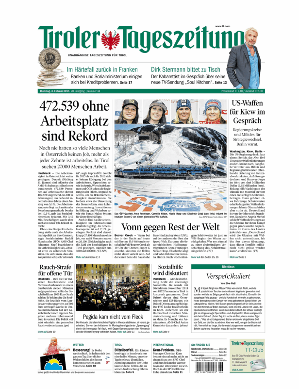 Titelseite der Tiroler Tageszeitung vom 3. Februar 2015.
