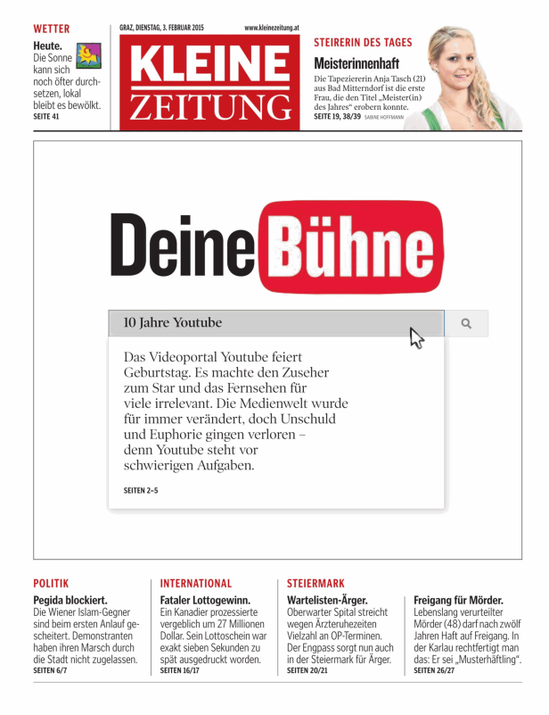 Titelseite der Kleinen Zeitung vom 3. Februar 2015 mit dem Thema „10 Jahre Youtube“.