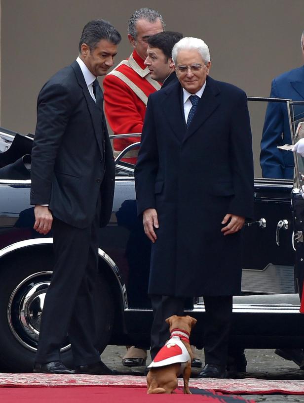 Mattarella und das Maskottchen der Präsidentengarde