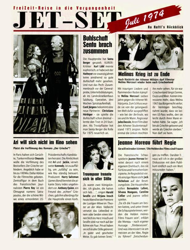 Eine Zeitungsseite von 1974 mit Artikeln über Jet-Set-Prominente wie Onassis, Melina Mercouri und Jeanne Moreau.