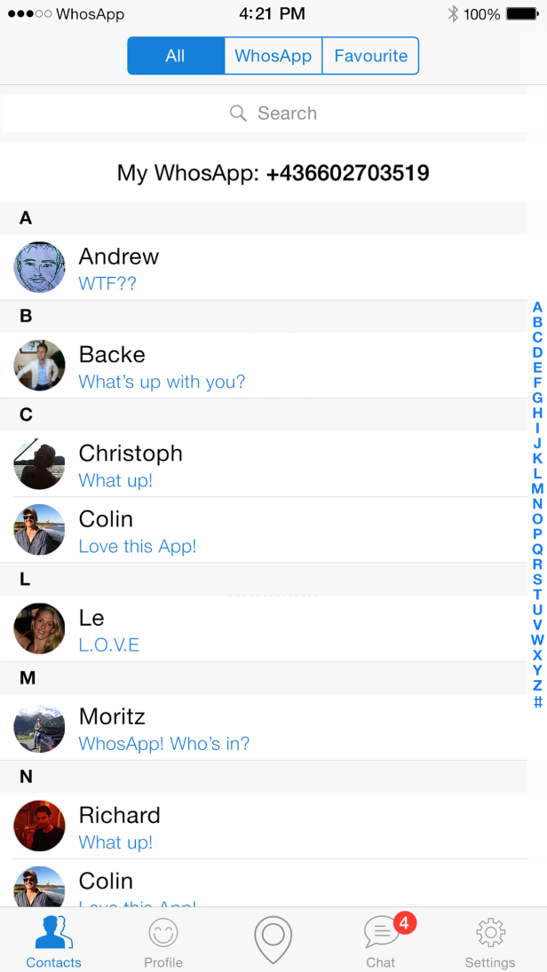 Ein Screenshot der WhosApp-Kontaktliste auf einem iPhone.
