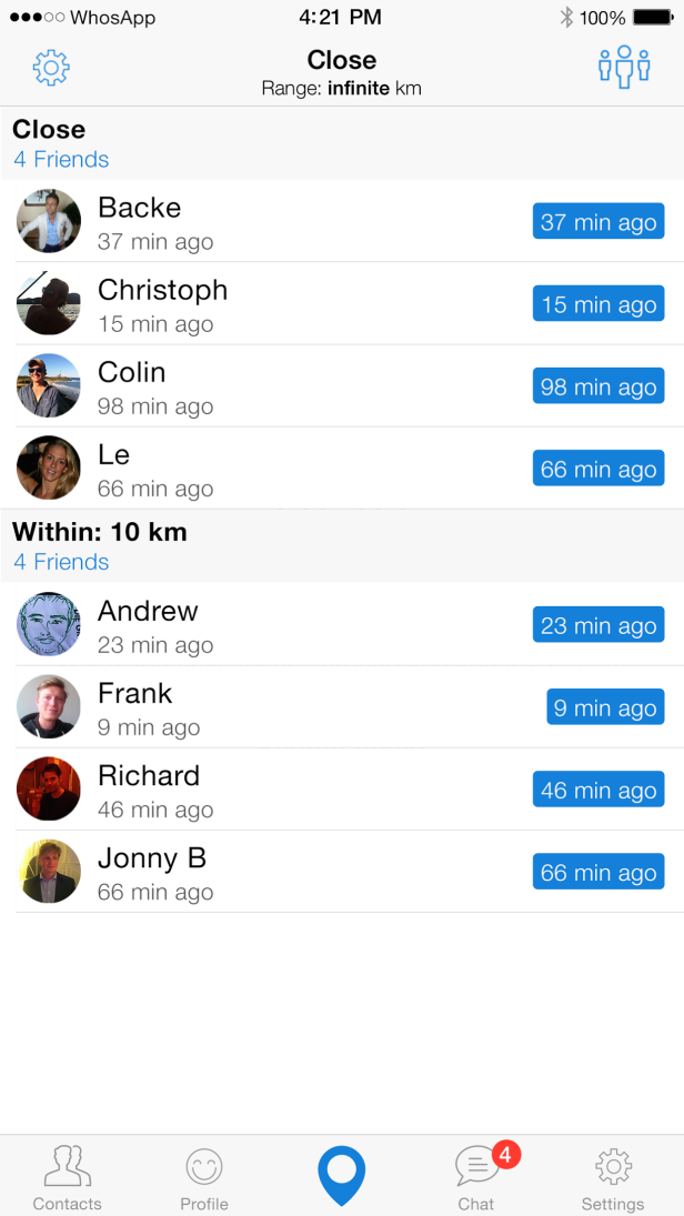 Ein Screenshot der WhosApp-Freundesliste mit Namen und Entfernungsangaben.