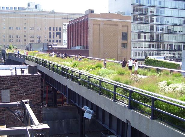 Menschen spazieren auf der begrünten High Line in New York City.