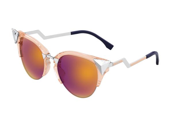Eine rosafarbene Fendi-Sonnenbrille mit verspiegelten Gläsern und silberfarbenen Details.