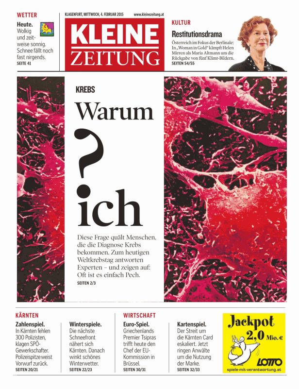 Mikroskopische Aufnahme von Krebszellen, neben der Frage „Warum ich?“.