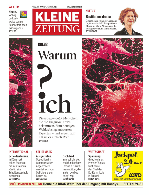 Eine Illustration von Krebszellen, die das Titelthema der „Kleinen Zeitung“ vom 4. Februar 2015 begleitet.