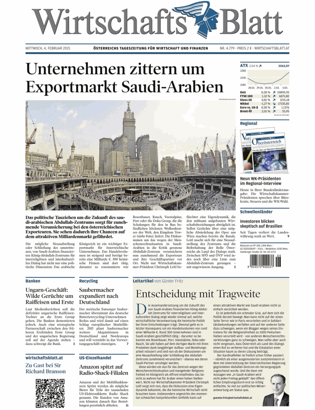 Titelseite des Wirtschaftsblatt vom 4. Februar 2015 mit einem Artikel über Exporte nach Saudi-Arabien.